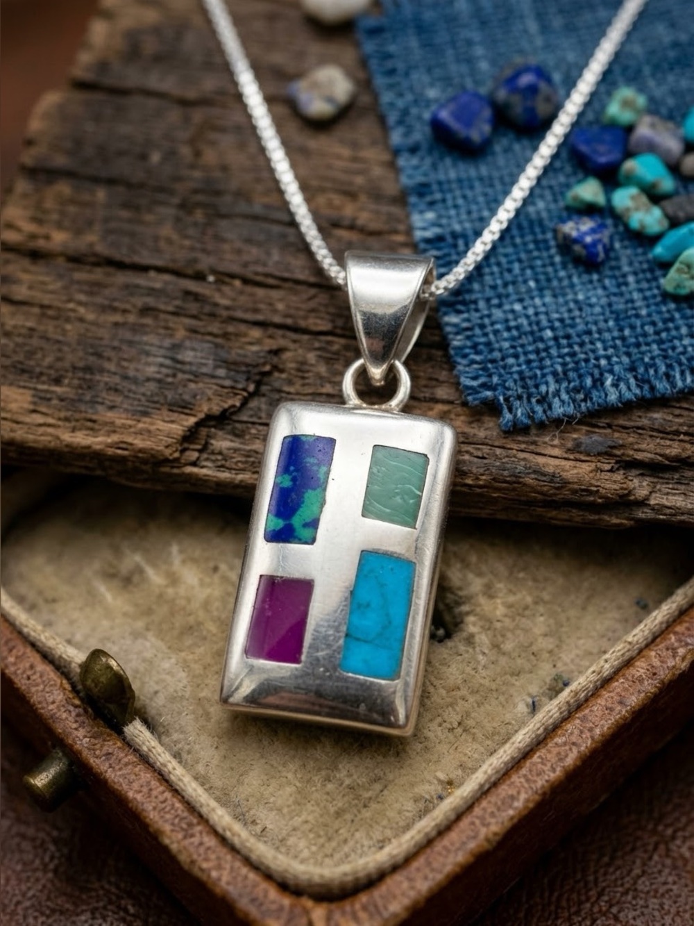 Silpada Sterling Silver Windowpane Pendant Multi-Color Stone Inlay Large Bale